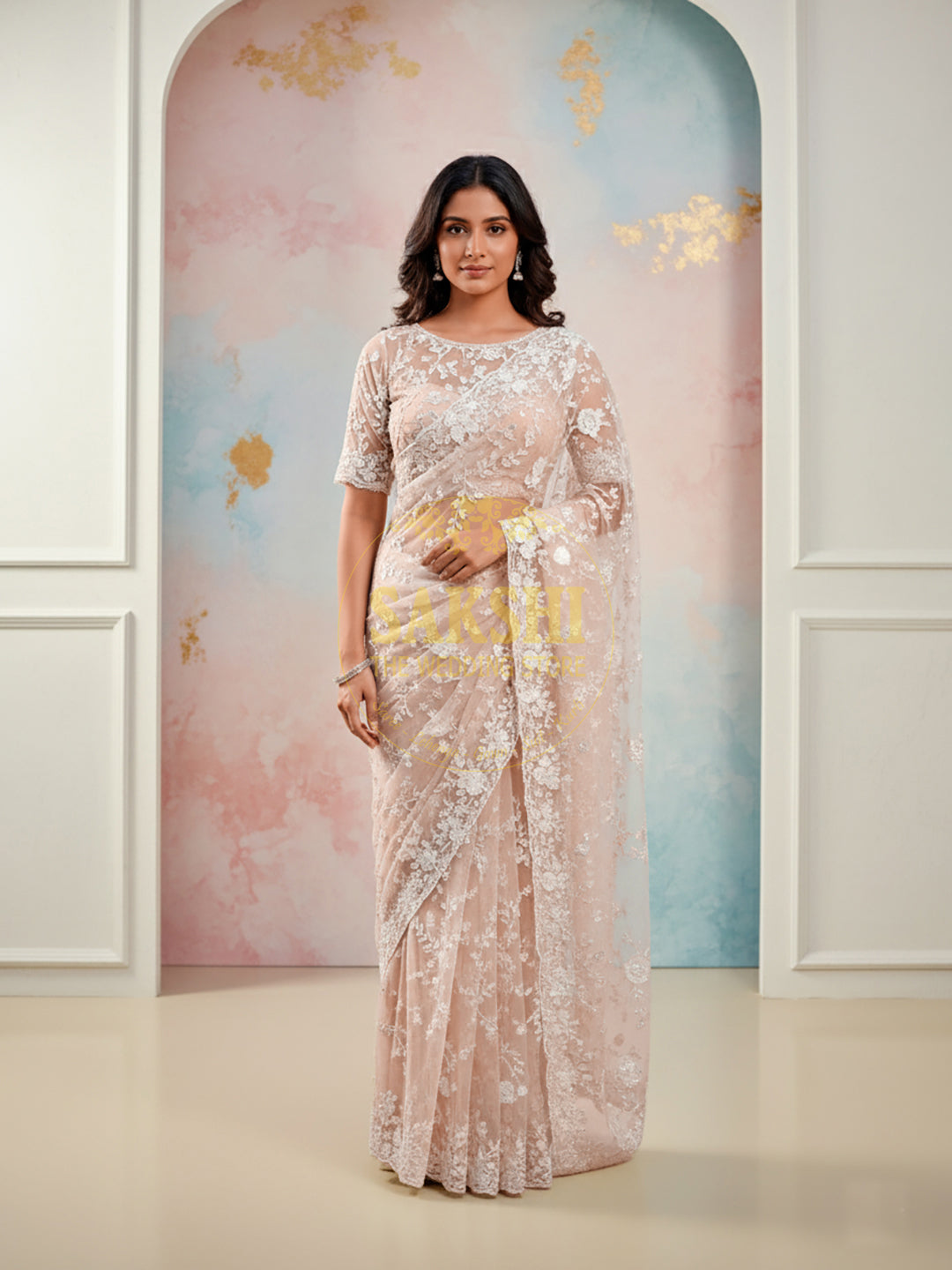 Net Peach Alia Bhatt Met Gala inspired Handwork Saree SAKSHI - The Wedding Store Net Peach Alia Bhatt Met Gala inspired Handwork Saree SAKSHI - The Wedding Store
