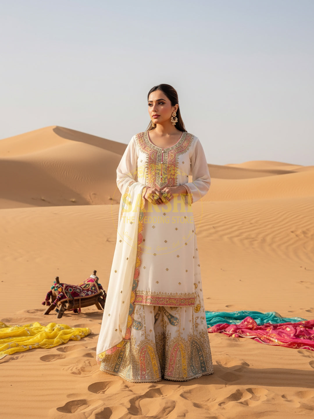 White Chinnon Pakistani Sharara Suit SAKSHI - The Wedding Store White Chinnon Pakistani Sharara Suit SAKSHI - The Wedding Store