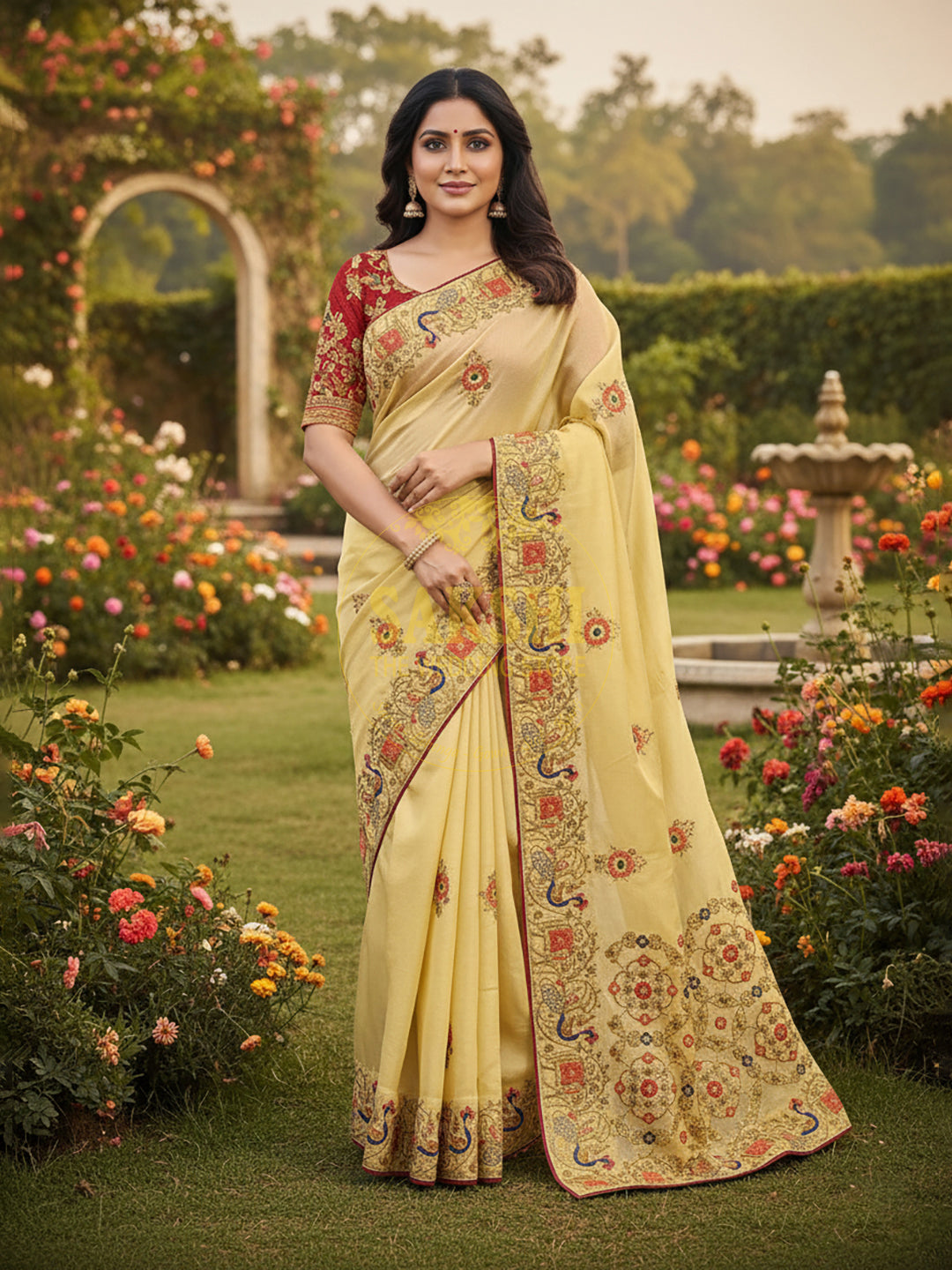 Light Golden Tissue Saree with beautiful embroidery