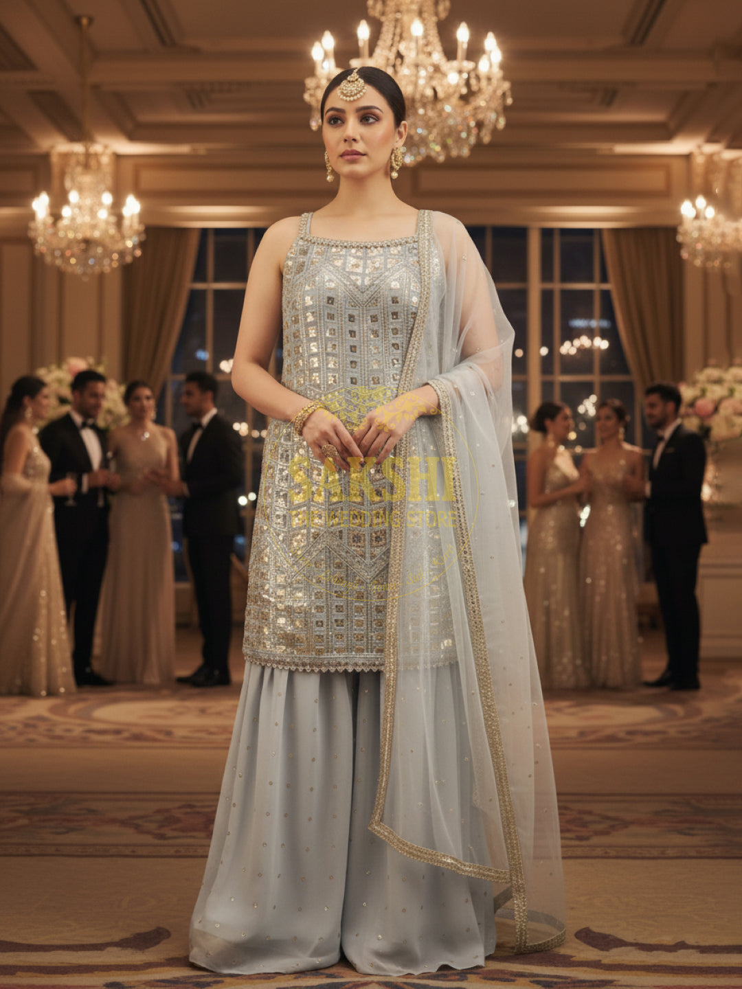 Silver Grey Sequined Sharara Suit