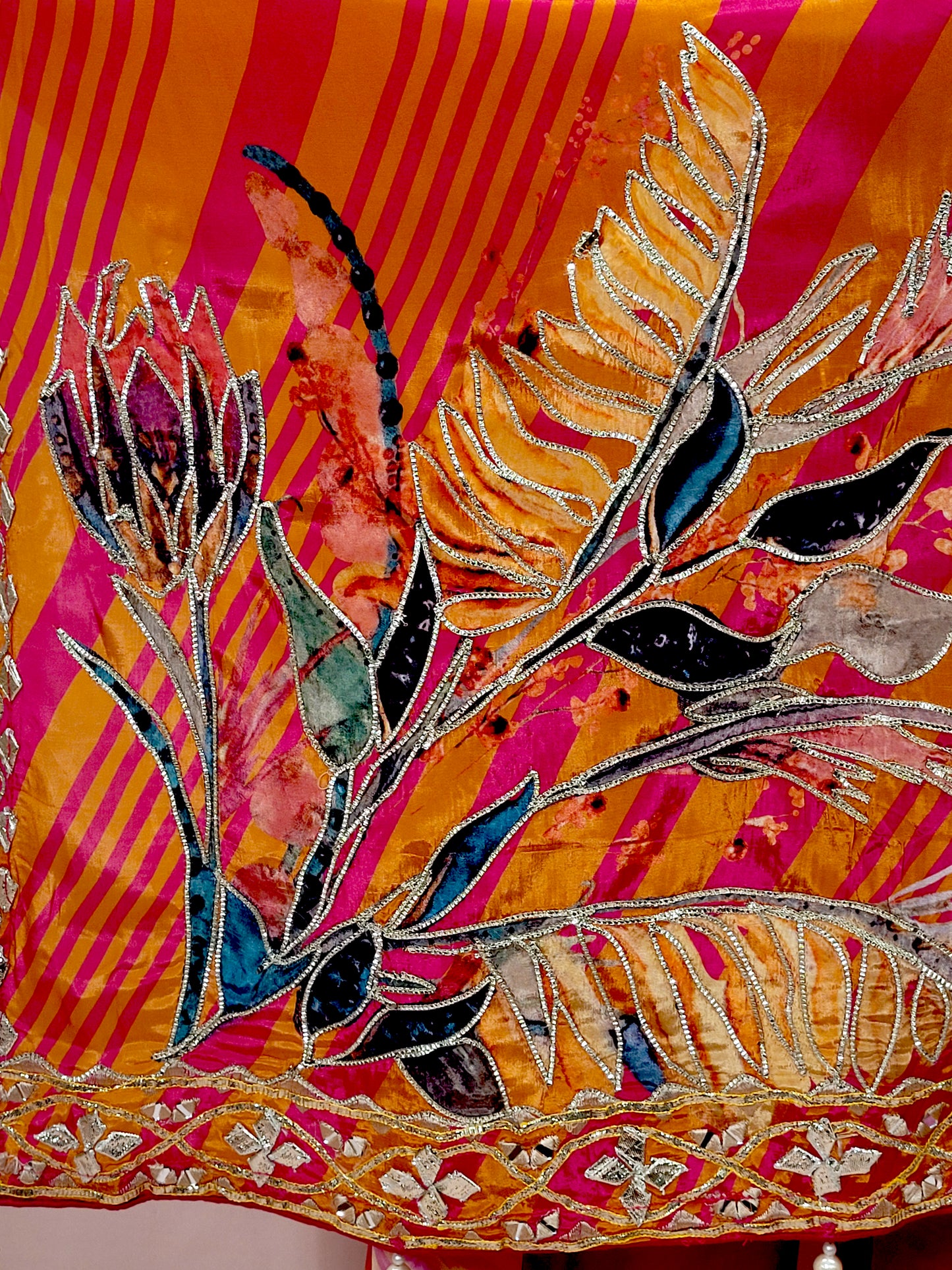 Orange Rani Kaftan with Pants. Gota and Applique work.
