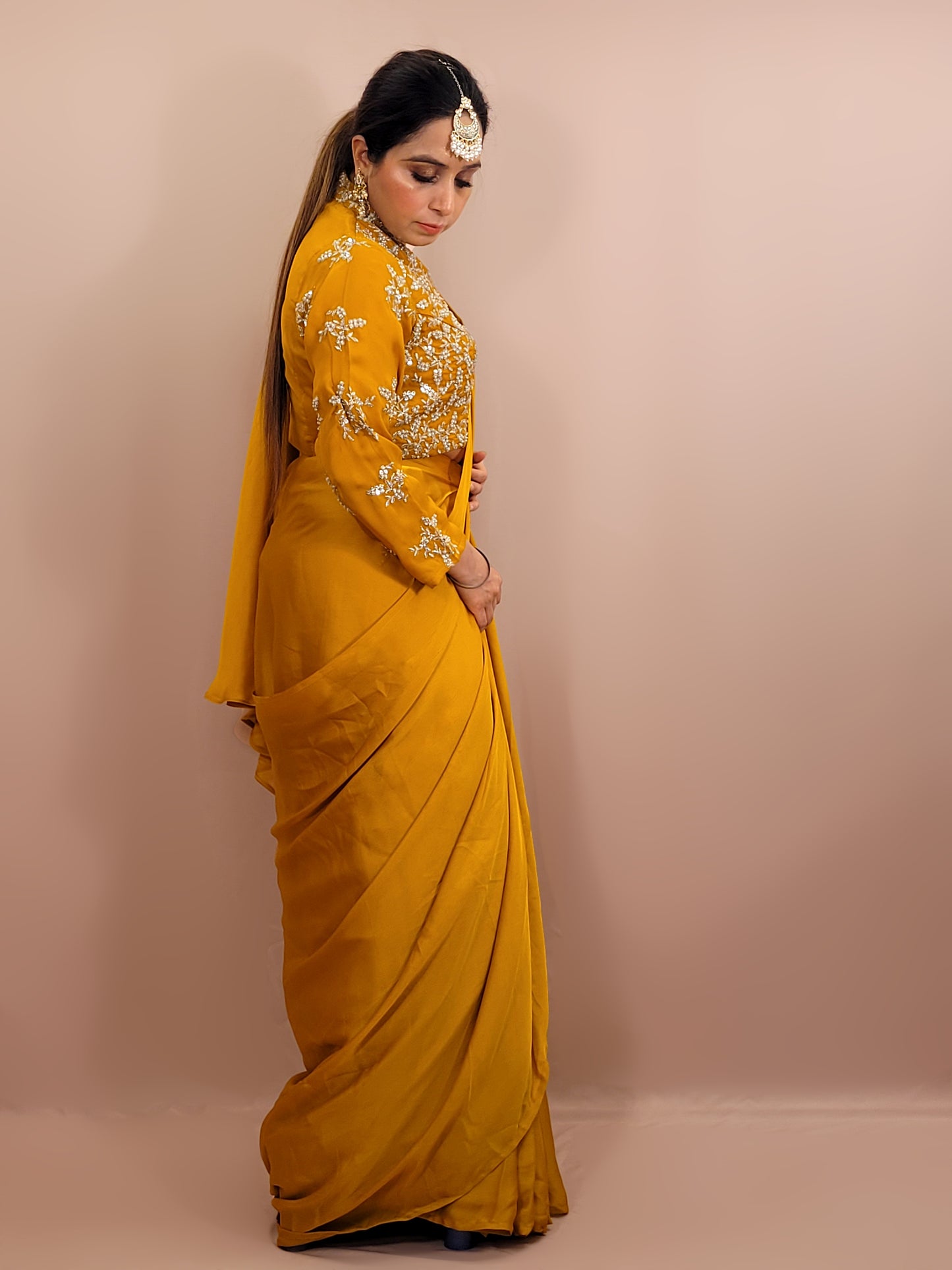 Yellow Armani Ready to Wear Saree with Stitched Blouse