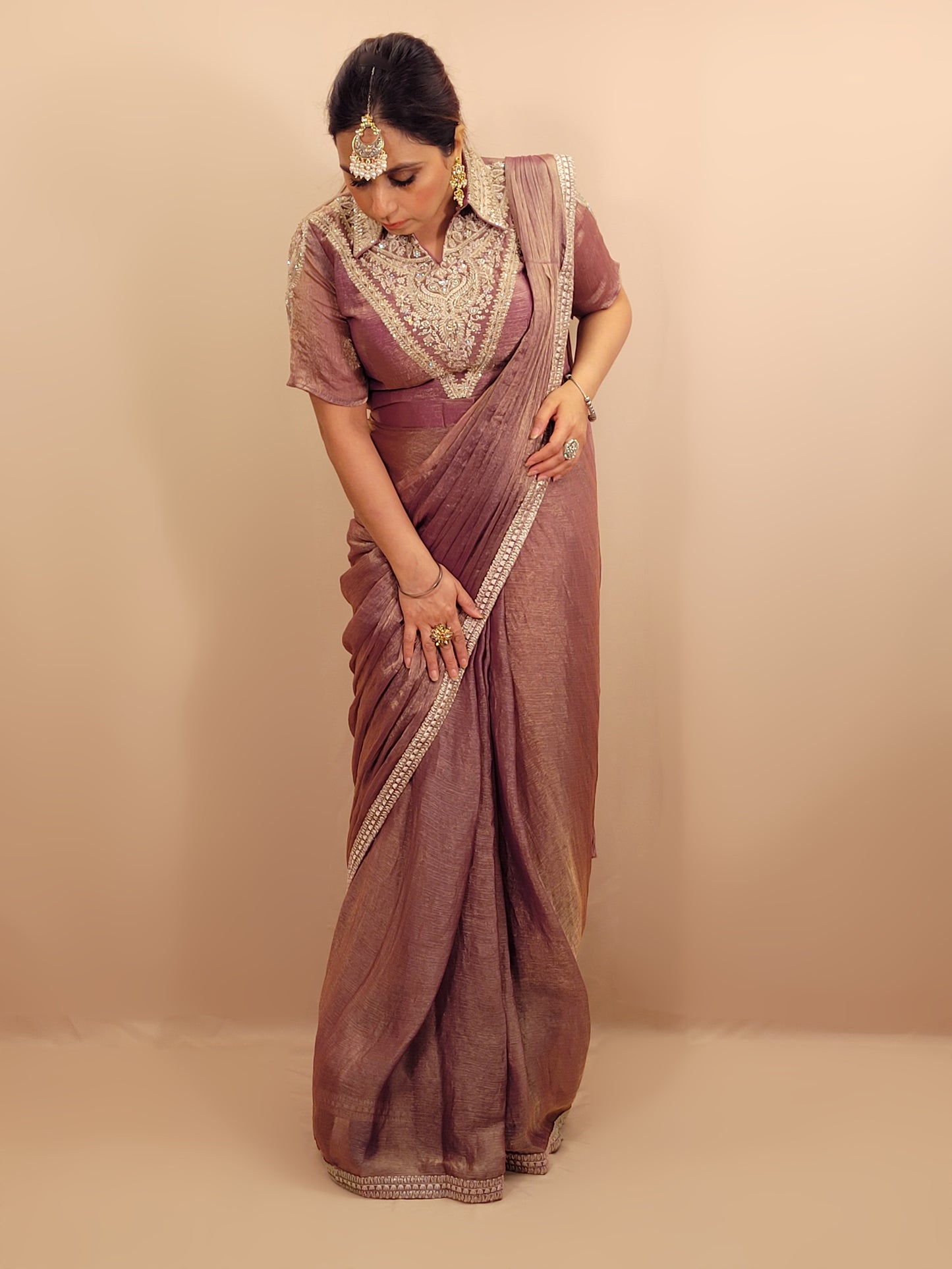 Lavender Gold Crush Ready to Wear Saree with Stitched Blouse. Designer Blouse with Zari, Cutdana and Zarkan work. Blouse ready bust size 38 + margins.