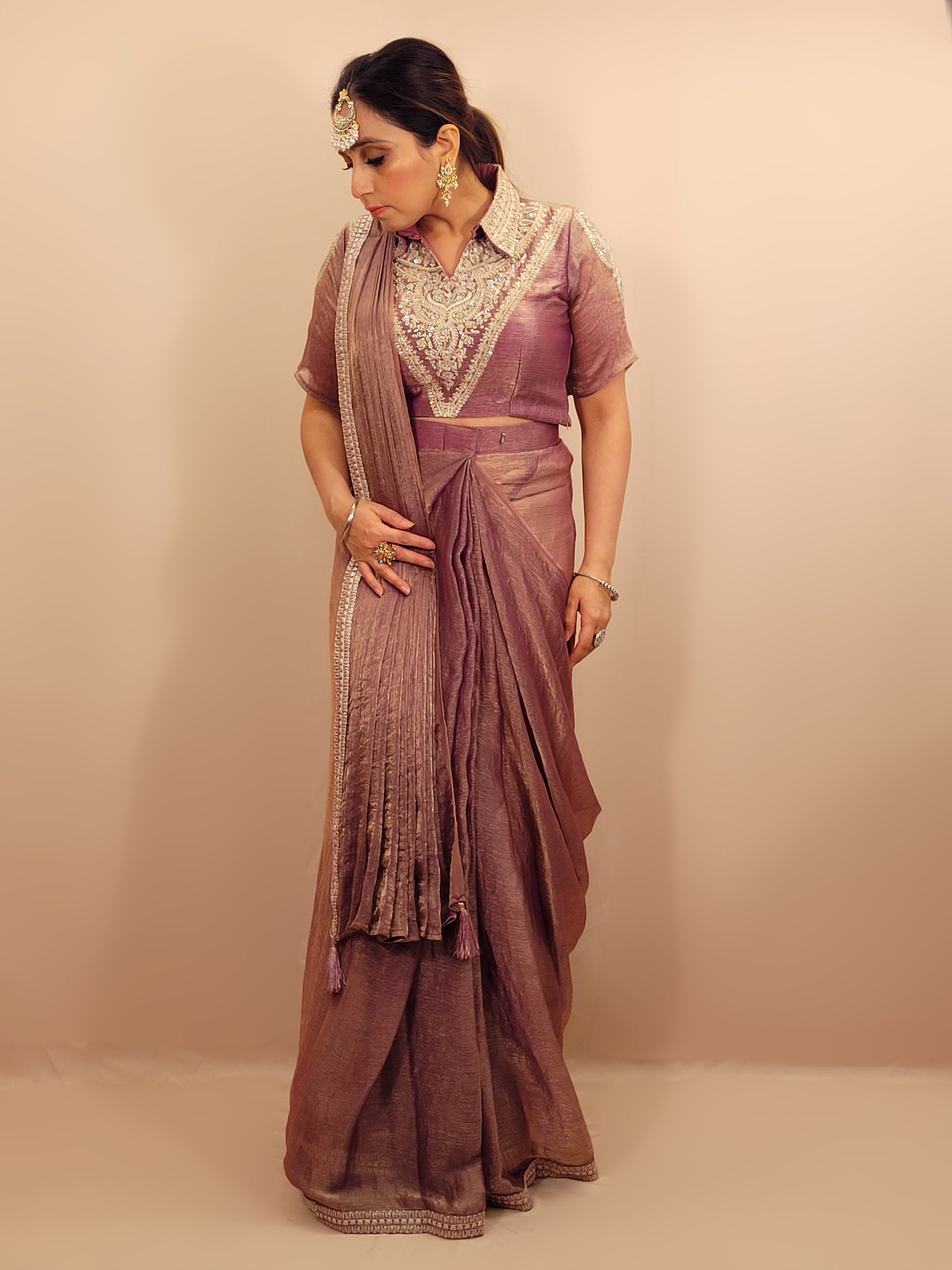 Lavender Gold Crush Ready to Wear Saree with Stitched Blouse. Designer Blouse with Zari, Cutdana and Zarkan work. Blouse ready bust size 38 + margins.