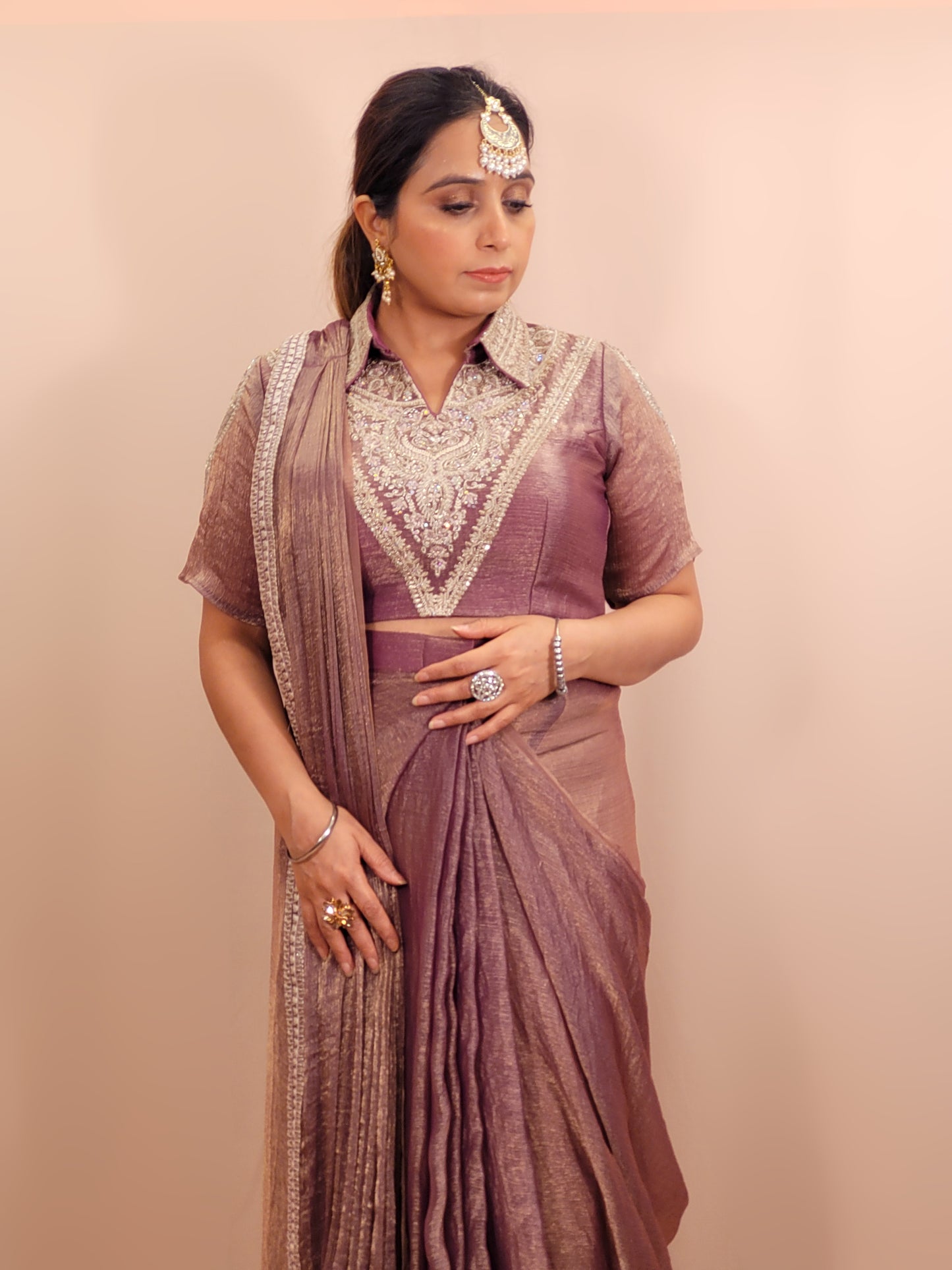 Lavender Gold Crush Ready to Wear Saree with Stitched Blouse. Designer Blouse with Zari, Cutdana and Zarkan work. Blouse ready bust size 38 + margins.