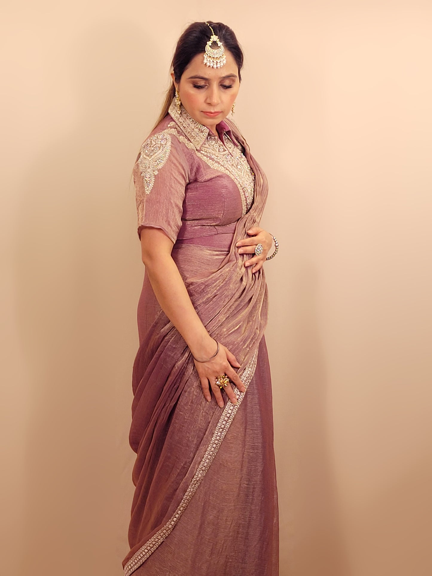 Lavender Gold Crush Ready to Wear Saree with Stitched Blouse. Designer Blouse with Zari, Cutdana and Zarkan work. Blouse ready bust size 38 + margins.
