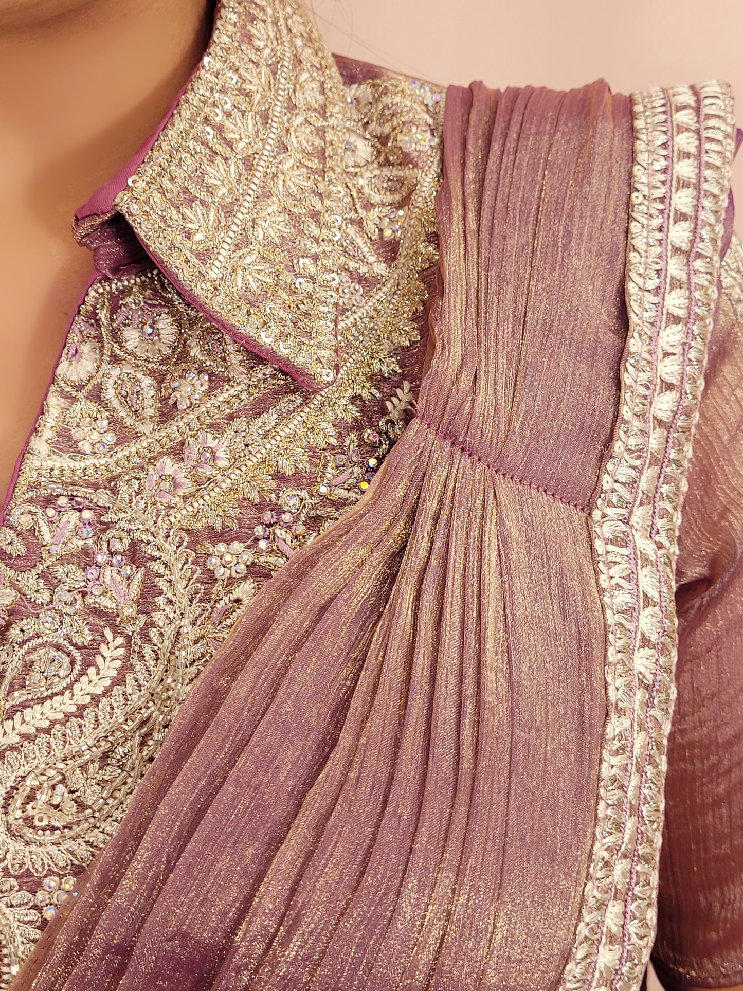 Lavender Gold Crush Ready to Wear Saree with Stitched Blouse. Designer Blouse with Zari, Cutdana and Zarkan work. Blouse ready bust size 38 + margins.