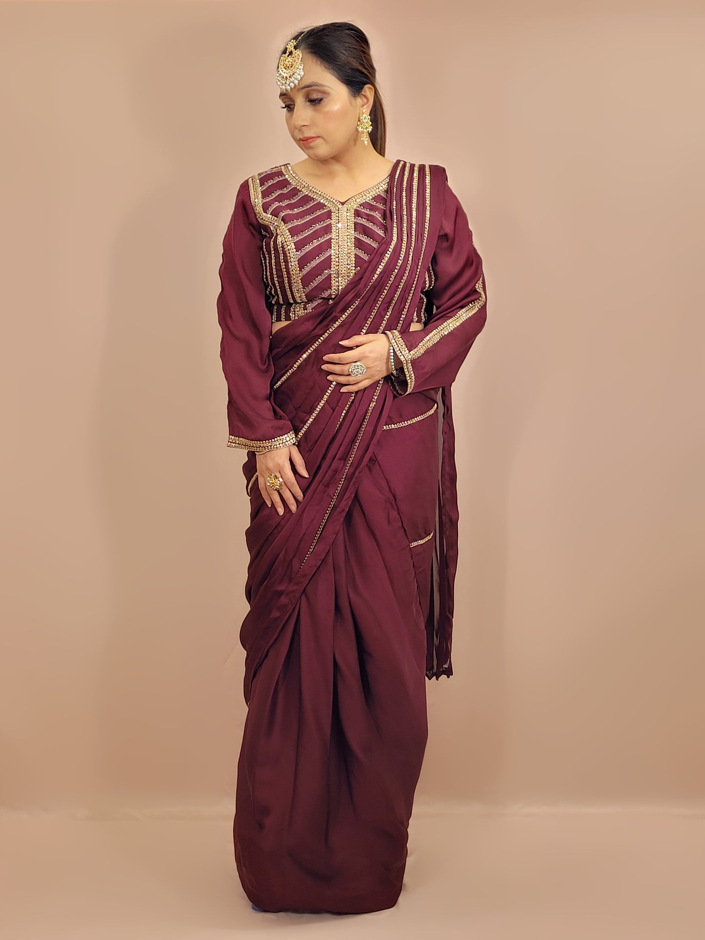 Wine Armani Ready to Wear Saree with Stitched Blouse. Zari Resham and Cutdana work on Blouse and Palla.