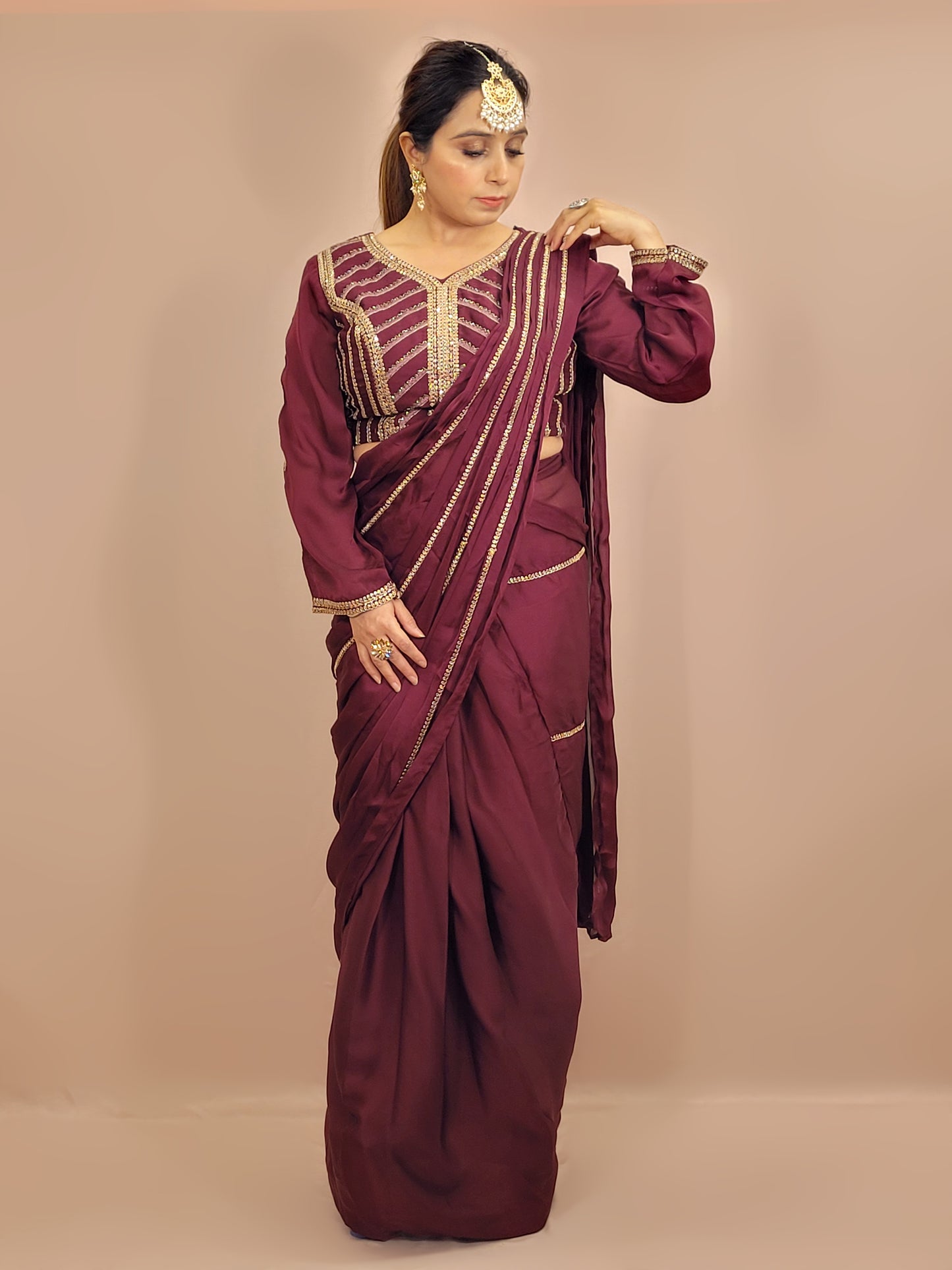 Wine Armani Ready to Wear Saree with Stitched Blouse. Zari Resham and Cutdana work on Blouse and Palla.