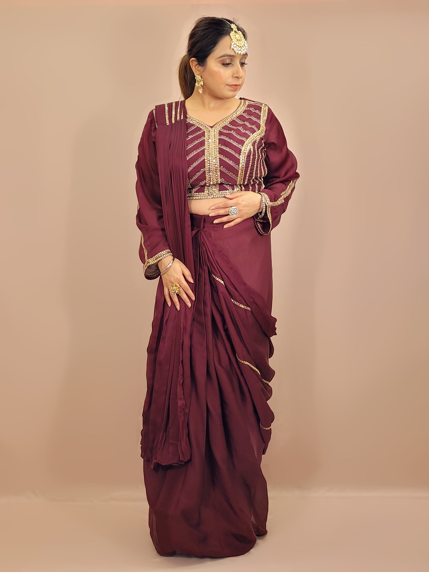 Wine Armani Ready to Wear Saree with Stitched Blouse. Zari Resham and Cutdana work on Blouse and Palla.