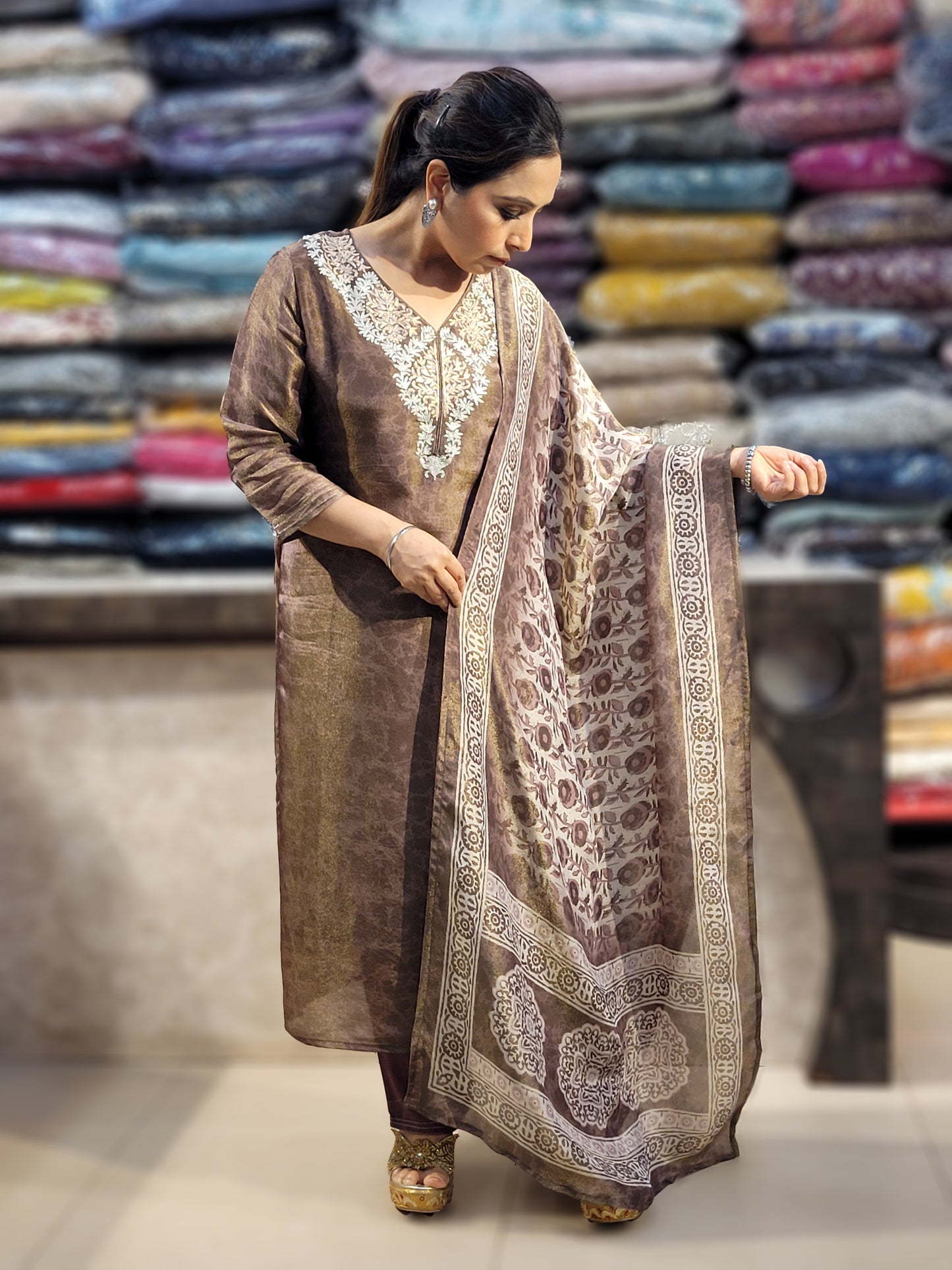 Coffee Shimmer Straight Suit with Badla Zari Neckline and fancy Print Dupatta.