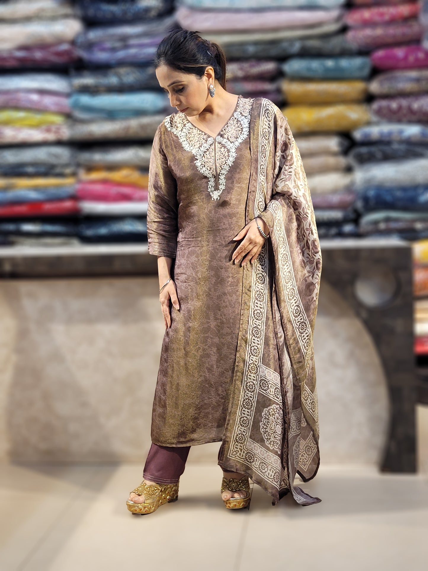 Coffee Shimmer Straight Suit with Badla Zari Neckline and fancy Print Dupatta.