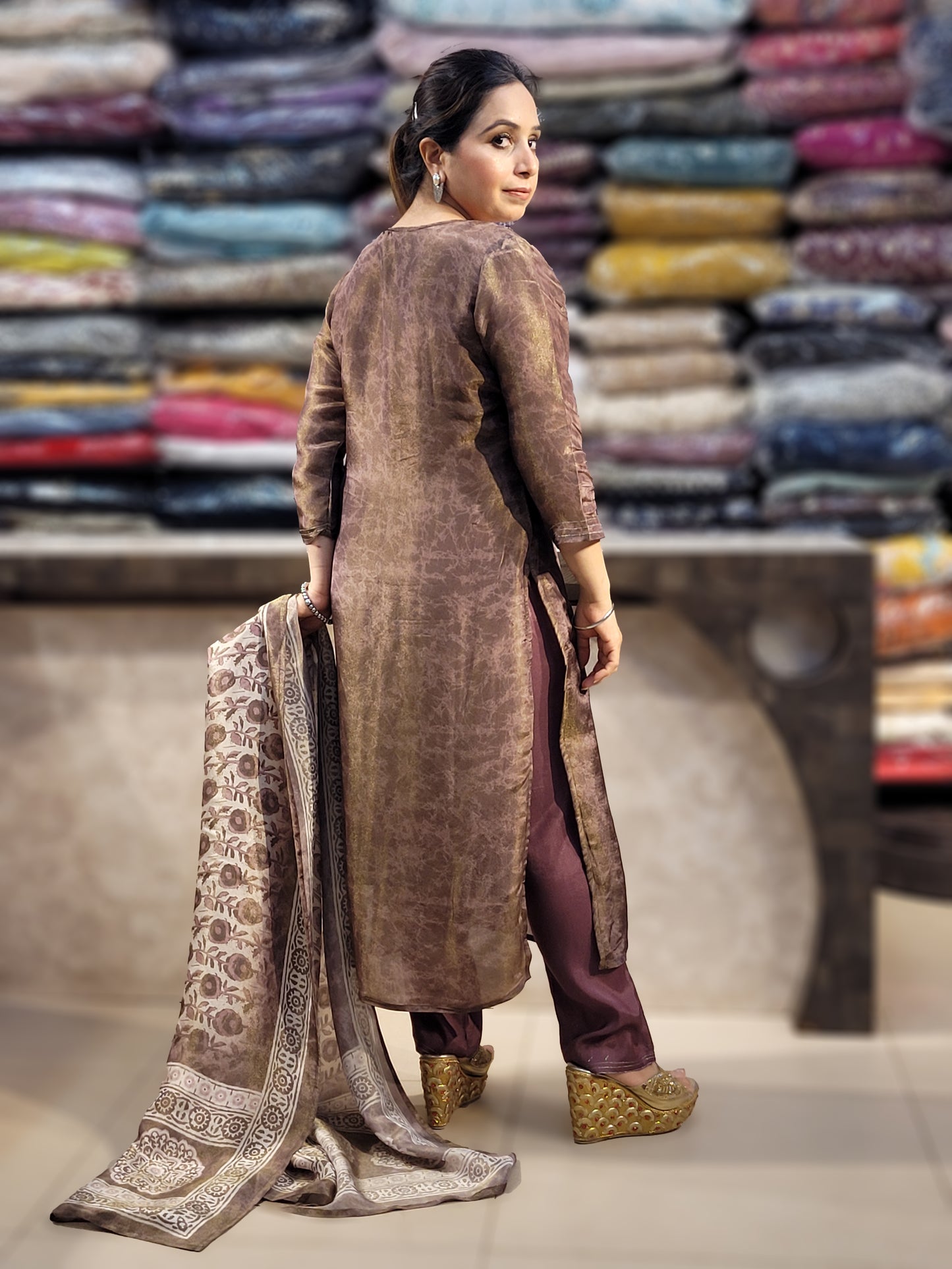 Coffee Shimmer Straight Suit with Badla Zari Neckline and fancy Print Dupatta.