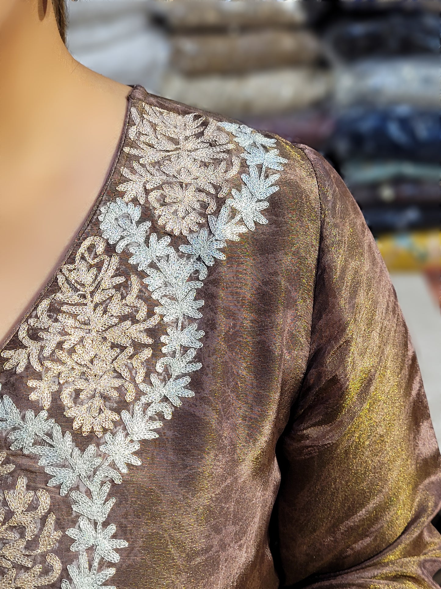 Coffee Shimmer Straight Suit with Badla Zari Neckline and fancy Print Dupatta.