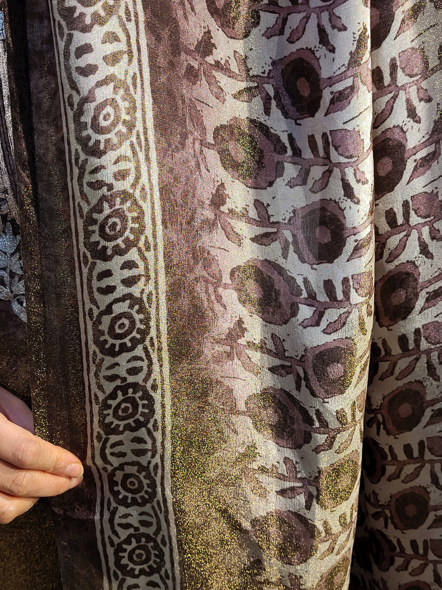 Coffee Shimmer Straight Suit with Badla Zari Neckline and fancy Print Dupatta.