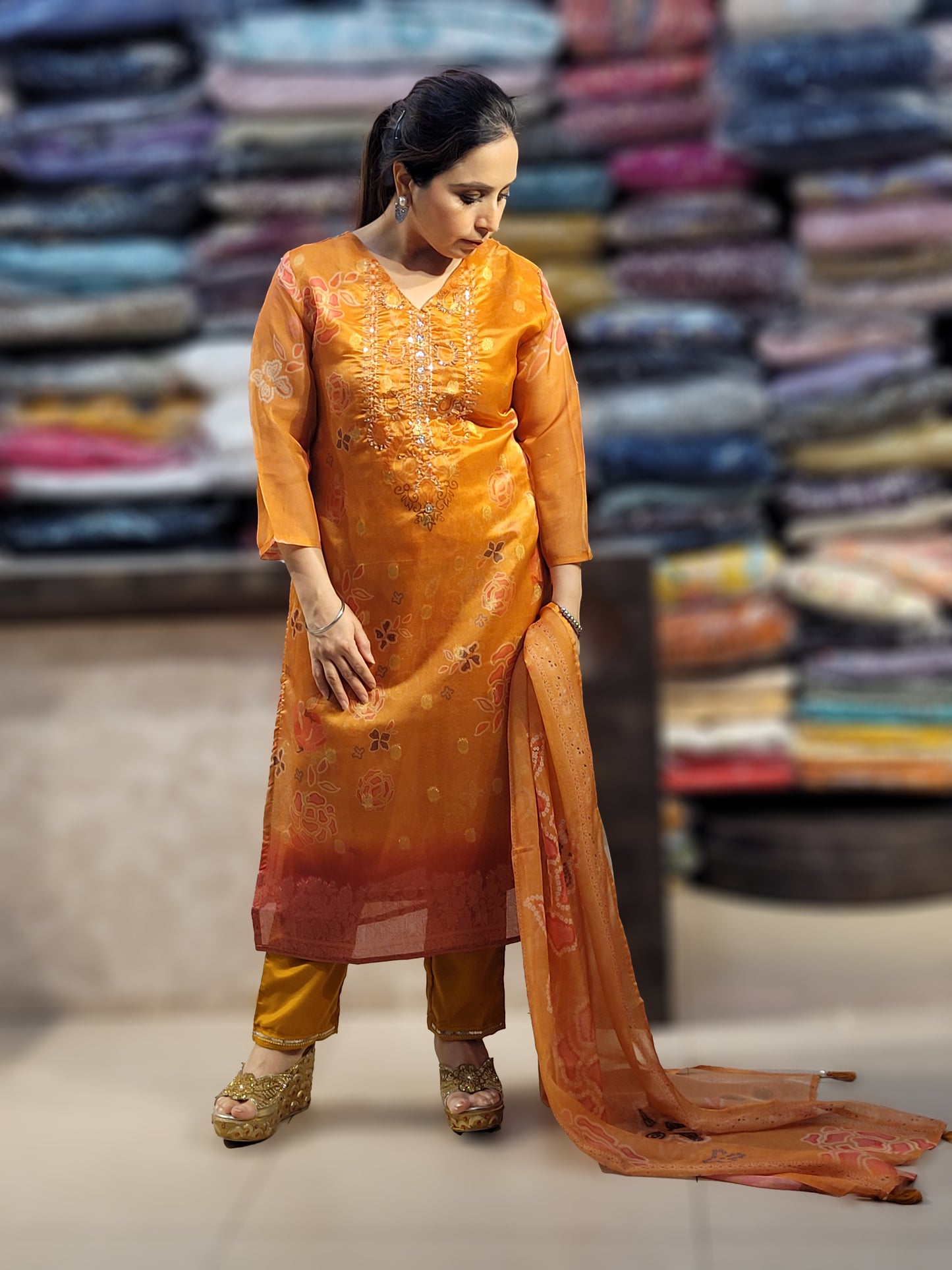 Orange Digital Print Kurti Pant Dupatta Set. Organza shaded. Handwork Neckline.