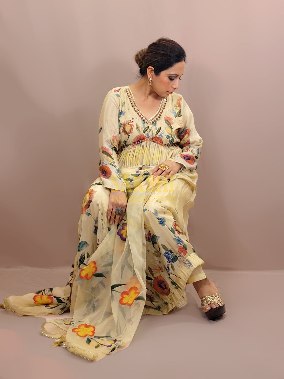 Light Golden Shimmer Tissue Anarkali Suit