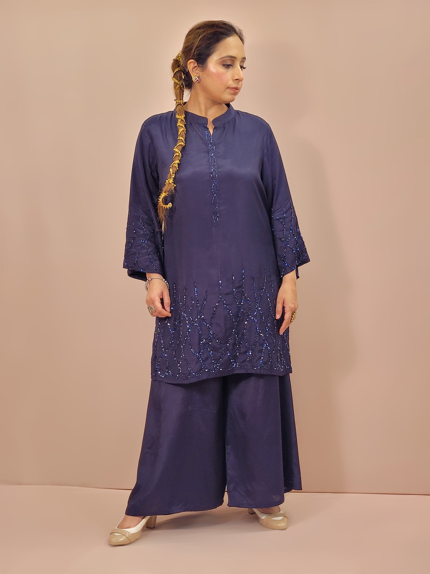 Blue Crepe Co-Ord Set Kameez with Palazzo. Matching Beads Work on Neck, Sleeves and Daaman.