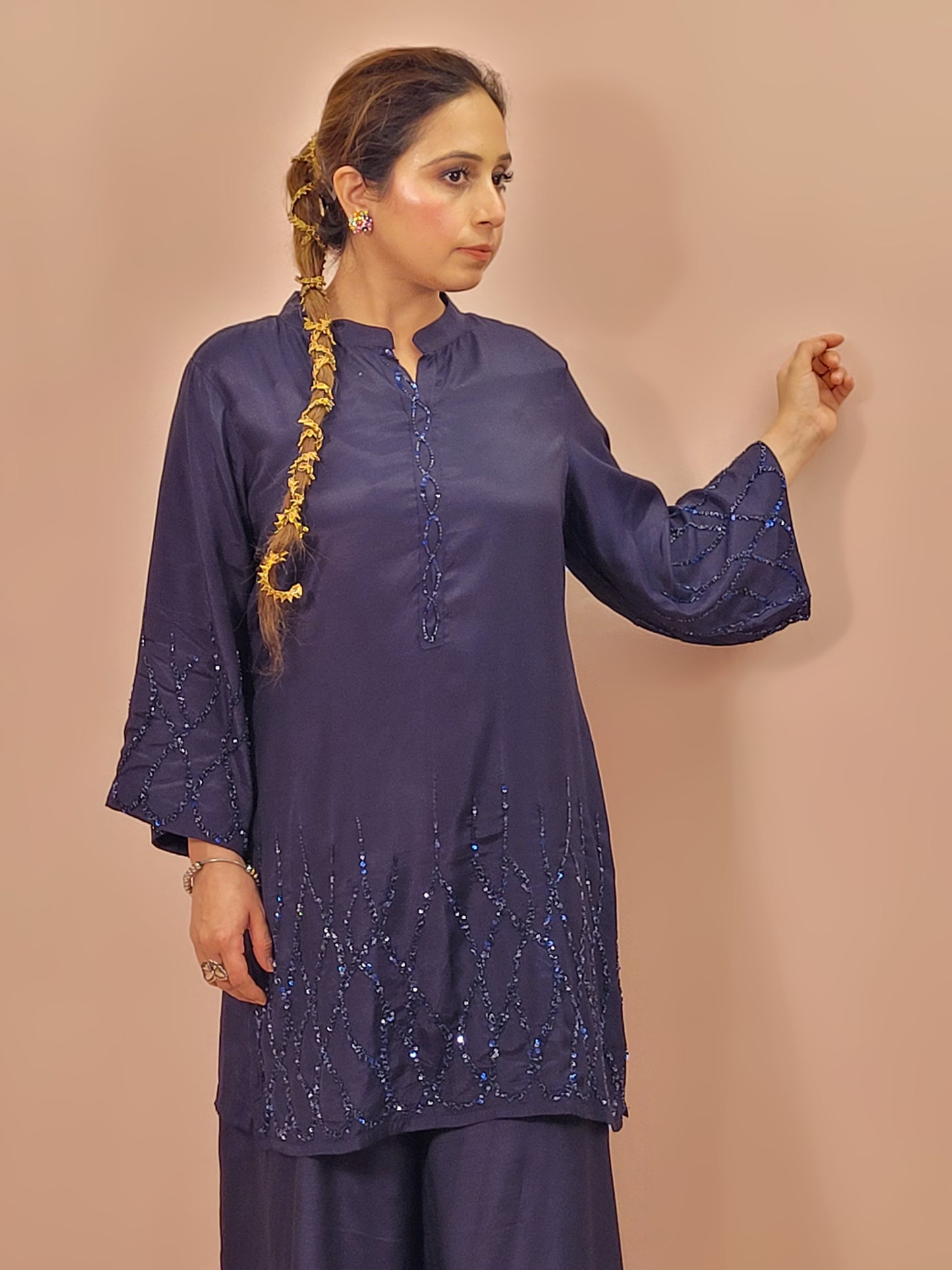 Blue Crepe Co-Ord Set Kameez with Palazzo. Matching Beads Work on Neck, Sleeves and Daaman.