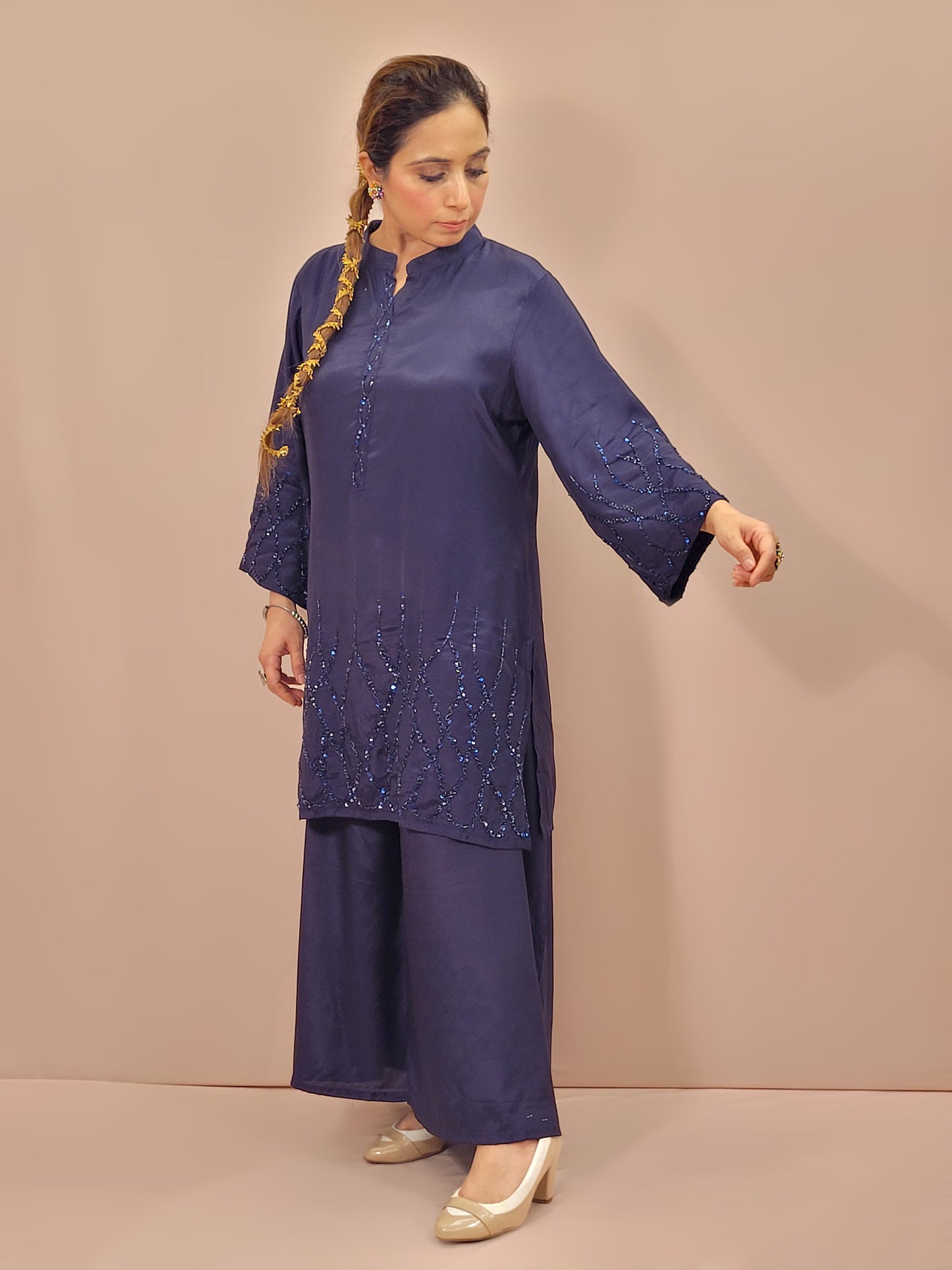 Blue Crepe Co-Ord Set Kameez with Palazzo. Matching Beads Work on Neck, Sleeves and Daaman.