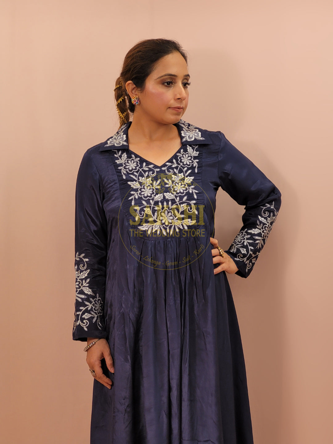 Blue Crepe Flared Kameez with Pants Co-ord Set