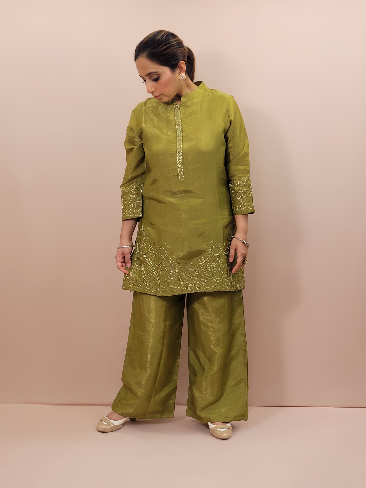 Green Shimmer Tissue Co Ord Set. Medium Length Kameez with Parallel Pants. Zari Dori Work.