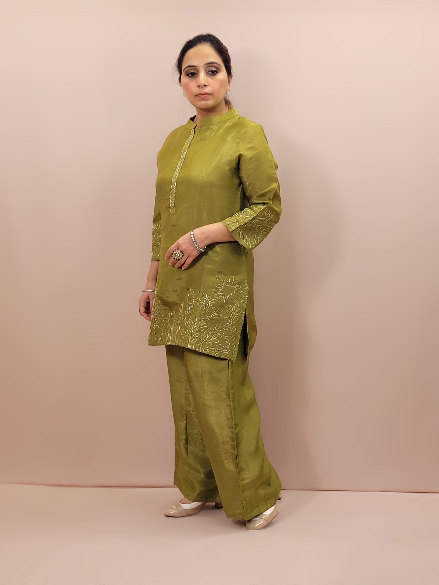 Green Shimmer Tissue Co Ord Set. Medium Length Kameez with Parallel Pants. Zari Dori Work.
