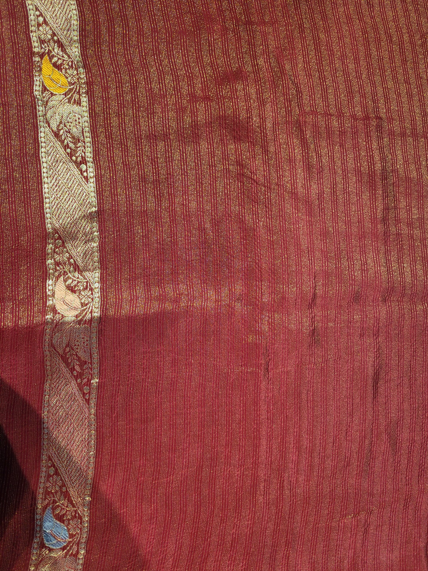 Rust Maroon Tissue Crepe Multicolor Weave Saree. Matching Unstitched Blouse Piece included.