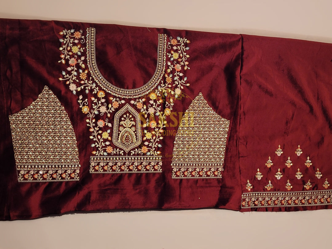 Beautiful Maroon Velvet Multicolor Bridal Lehenga