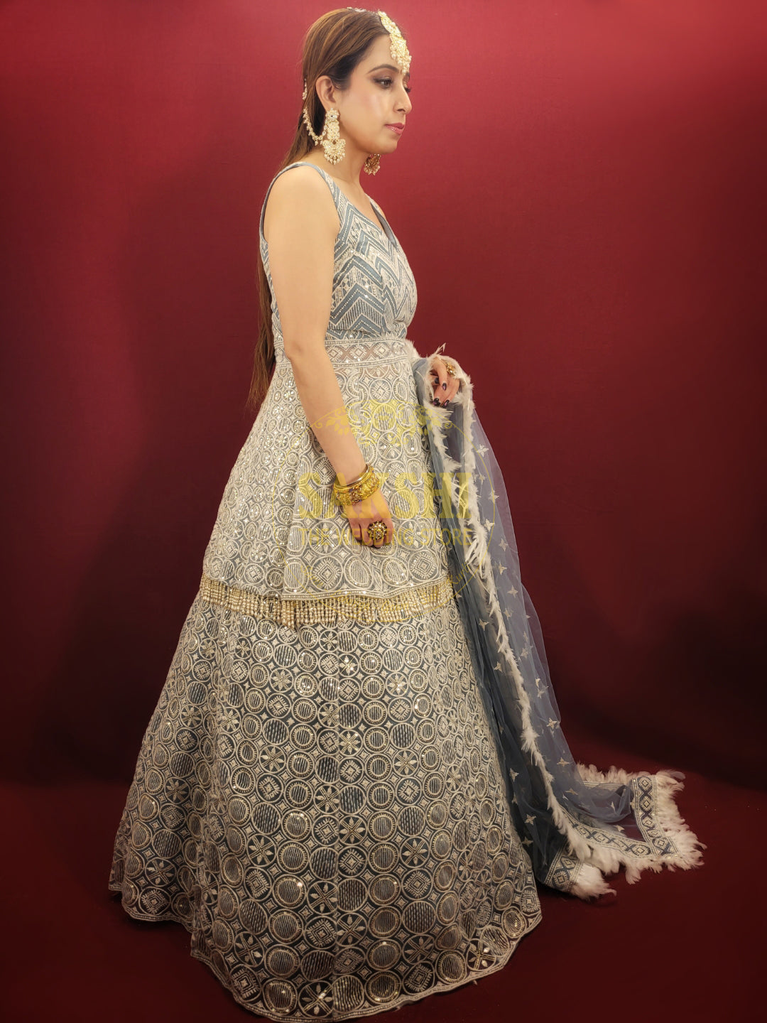 China Blue Chikankari Peplum Lehenga