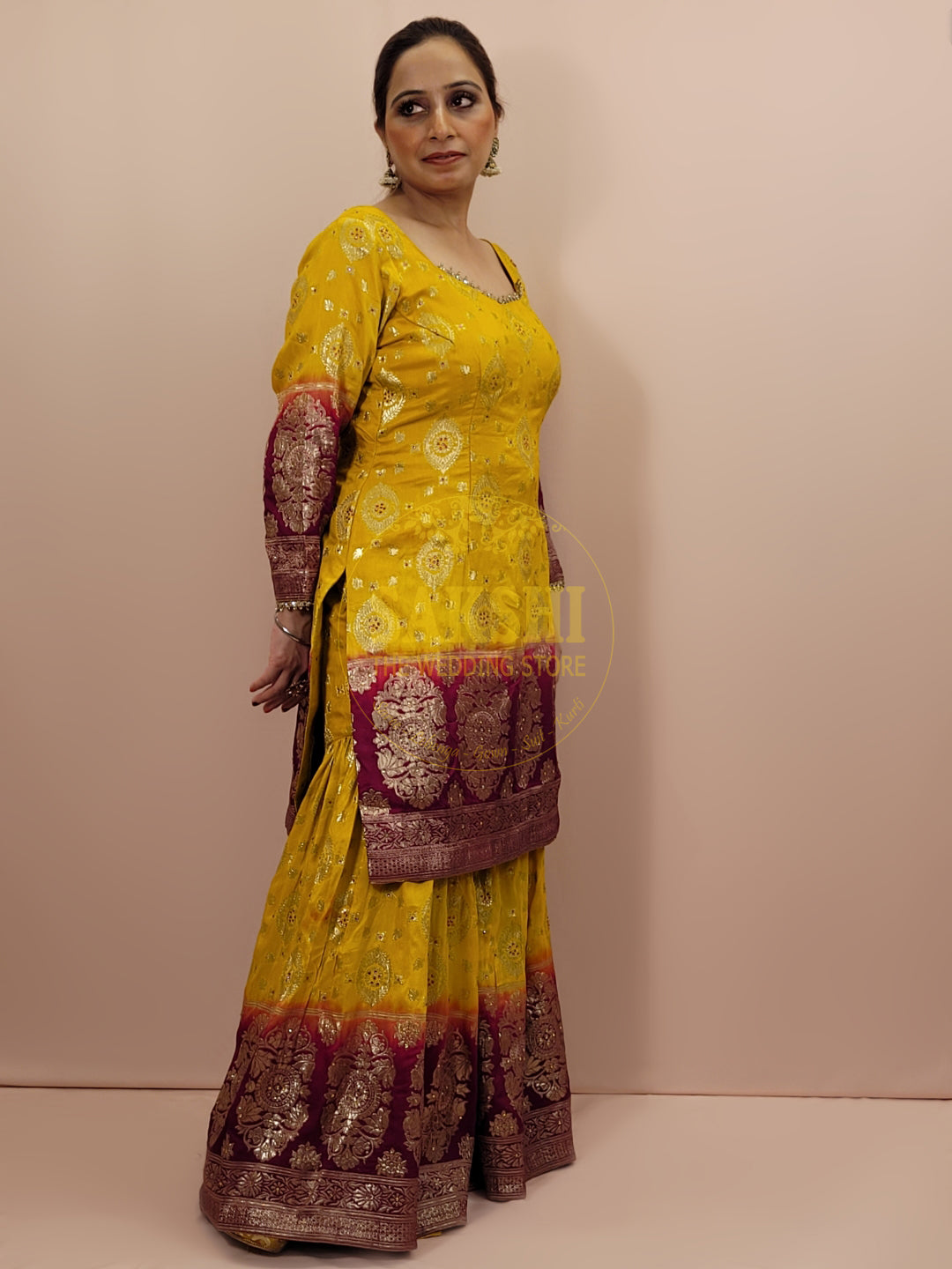 Banarasi Mustard Yellow and Magenta Sharara Suit with Matching Dupatta