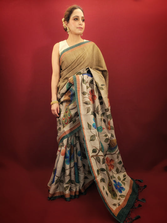 Embrace vibrancy and timeless elegance with this captivating multicolor silk saree. Crafted from pure silk, this saree offers a luxurious feel and a beautiful drape that flatters any figure. The brush print design explodes with a kaleidoscope of colors, adding a touch of modern flair. Delicate katha work and intricate French knots highlight the motifs, creating a visual symphony that celebrates Indian craftsmanship.