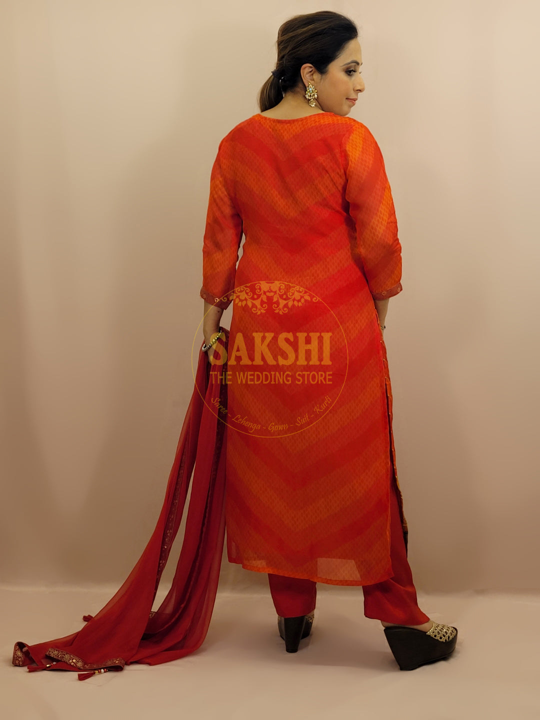 Red and Orange Woven Suit Pant Dupatta Set