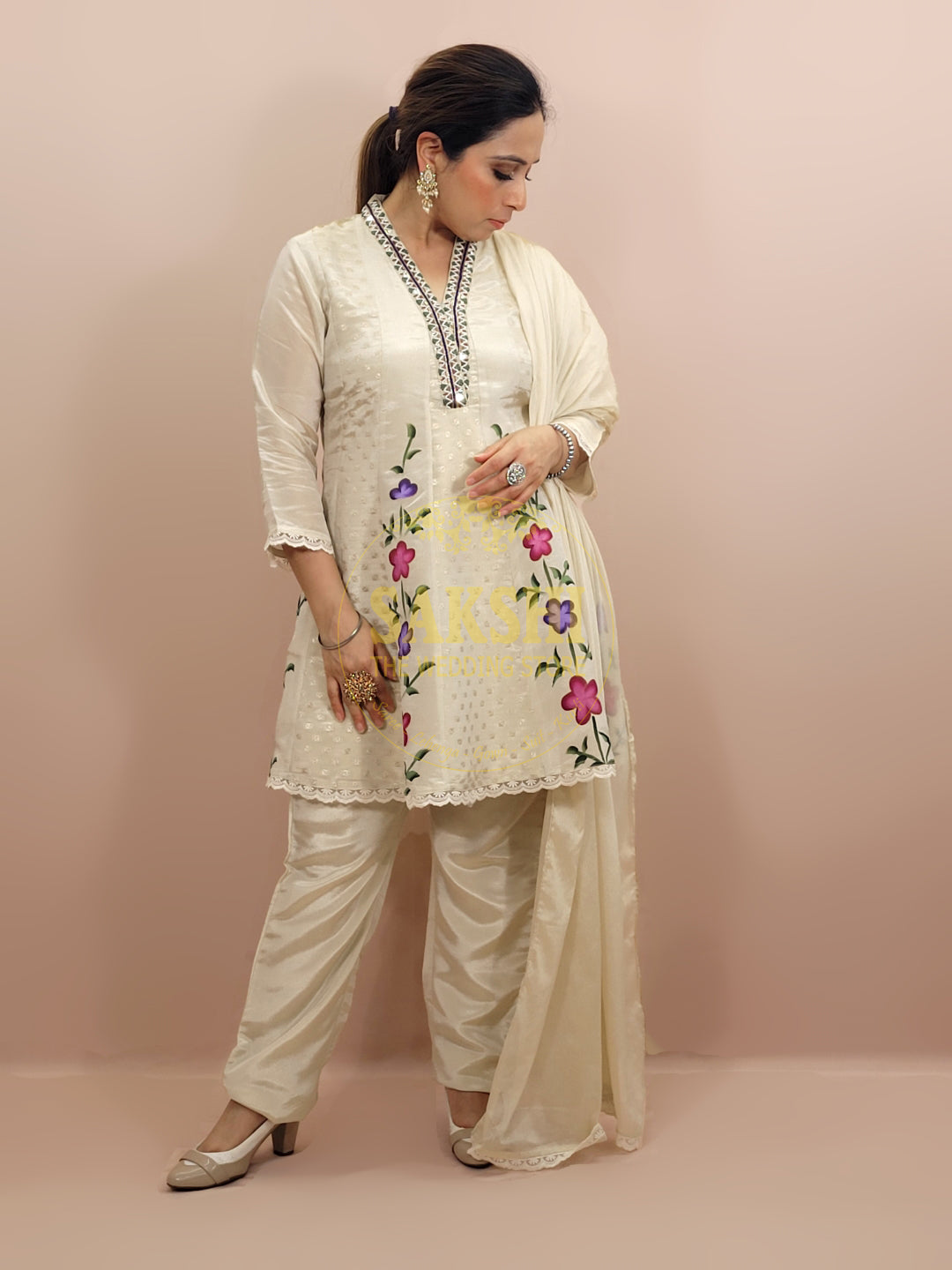 Creme Off White Tissue Anarkali with Pants and Dupatta