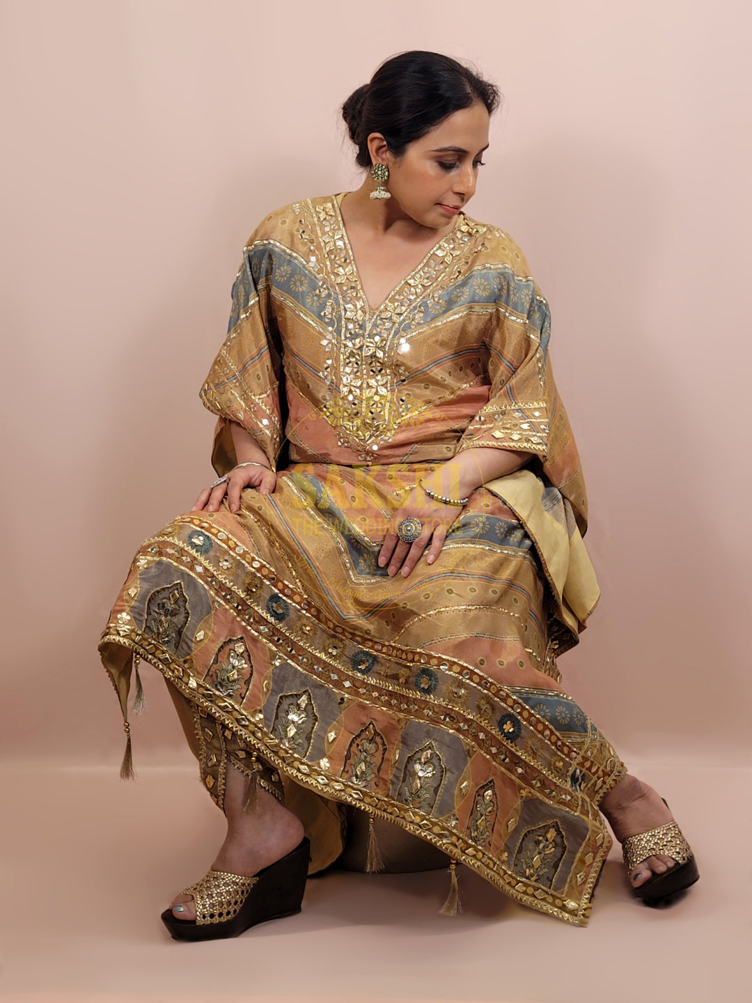 Golden Tissue Kaftan with Tulip Pants