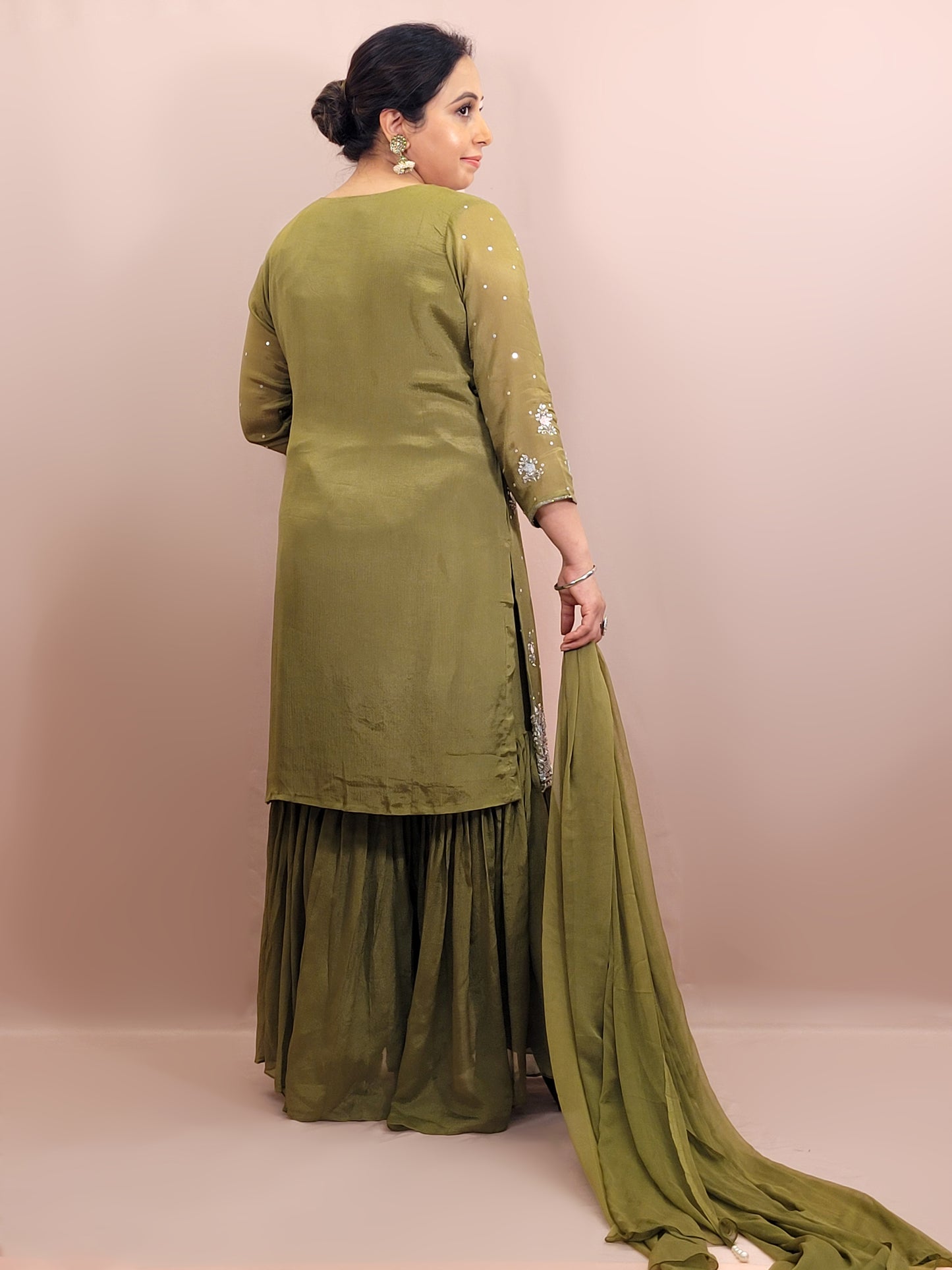 Mehendi Green Handwork Sharara Suit. Sequins and Beads Work. Heavy Daaman embroidery.