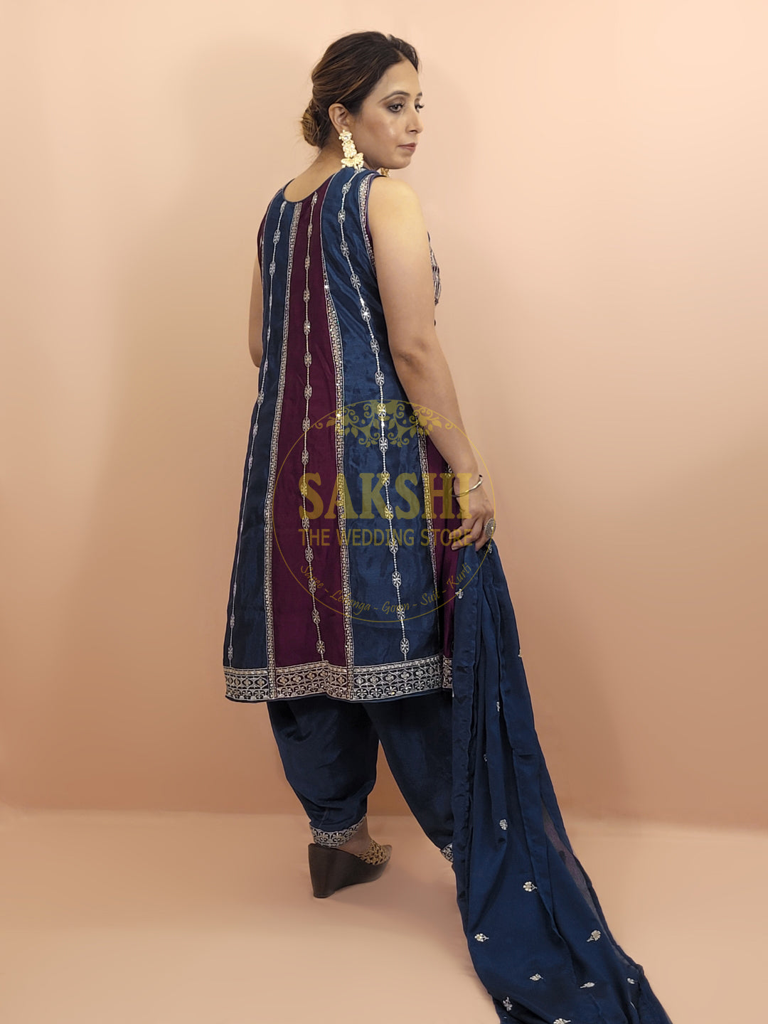 Navy Blue and Wine Pakistani Anarkali Suit with Tulip Pants