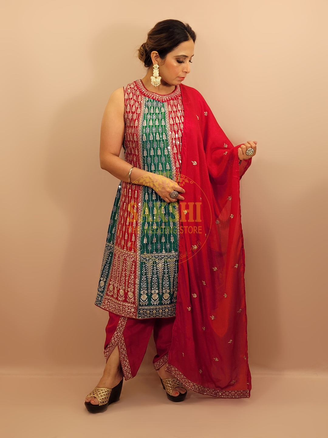 Red and Rama Green Pakistani Anarkali Suit with Tulip Pants