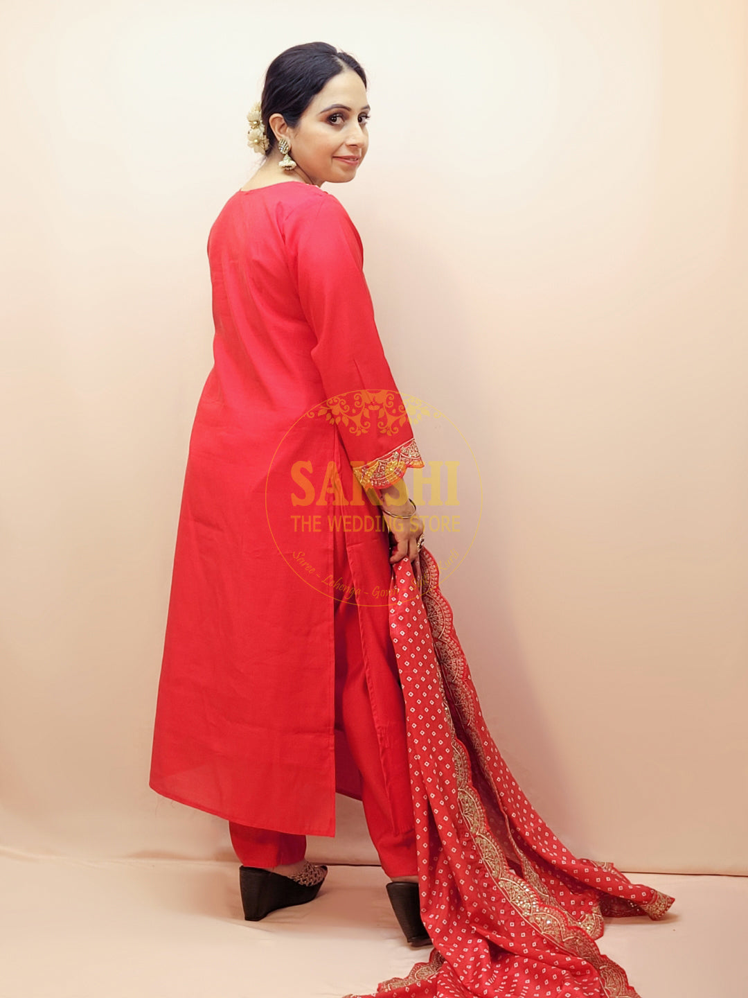 V-Neck Red Party Wear Suit Set for Women