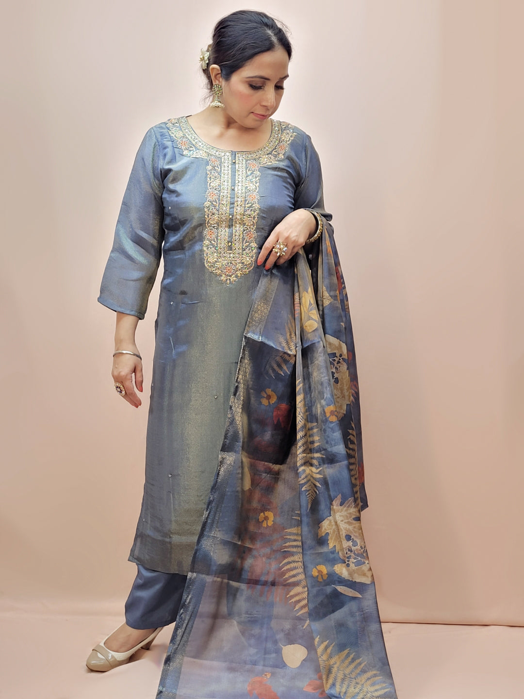 Silk Blend Grey Kurta Set for Women