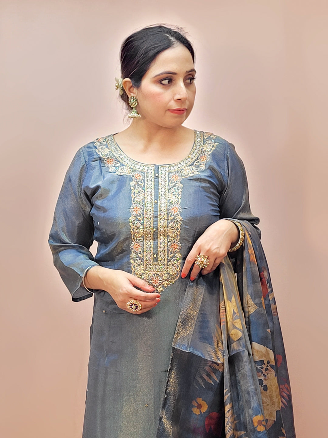 Silk Blend Grey Kurta Set for Women