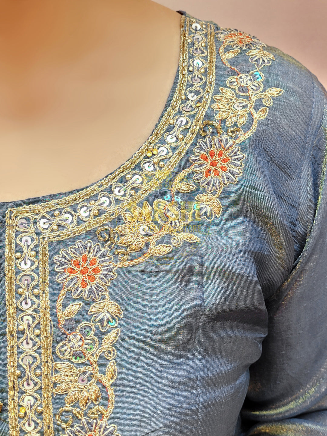 Silk Blend Grey Straight Suit Set for Women