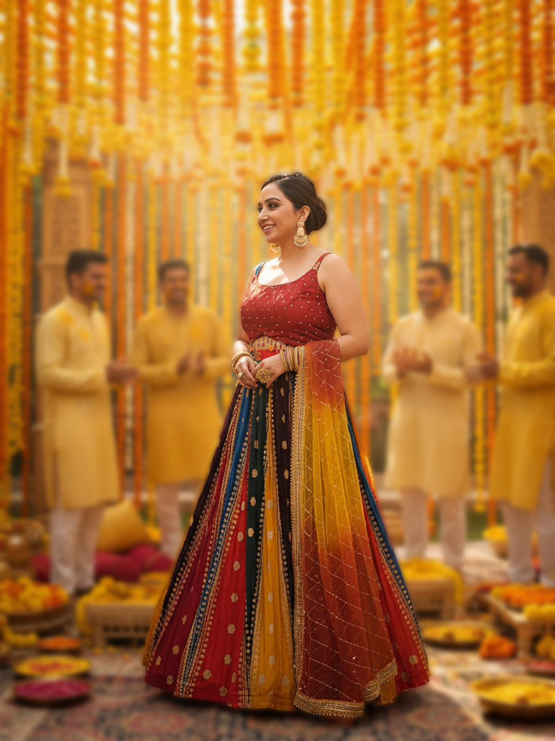 Multicolor Ready to Wear Designer Lehenga Choli Set for Women. Heavy shaded net dupatta. Festive Ready.