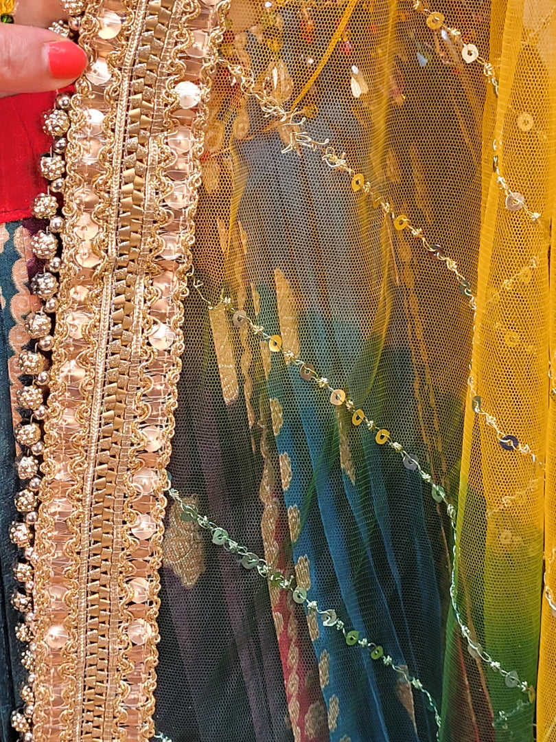 Multicolor Ready to Wear Wedding Lehenga Choli Set for Women. Heavy shaded net dupatta. Festive Ready.