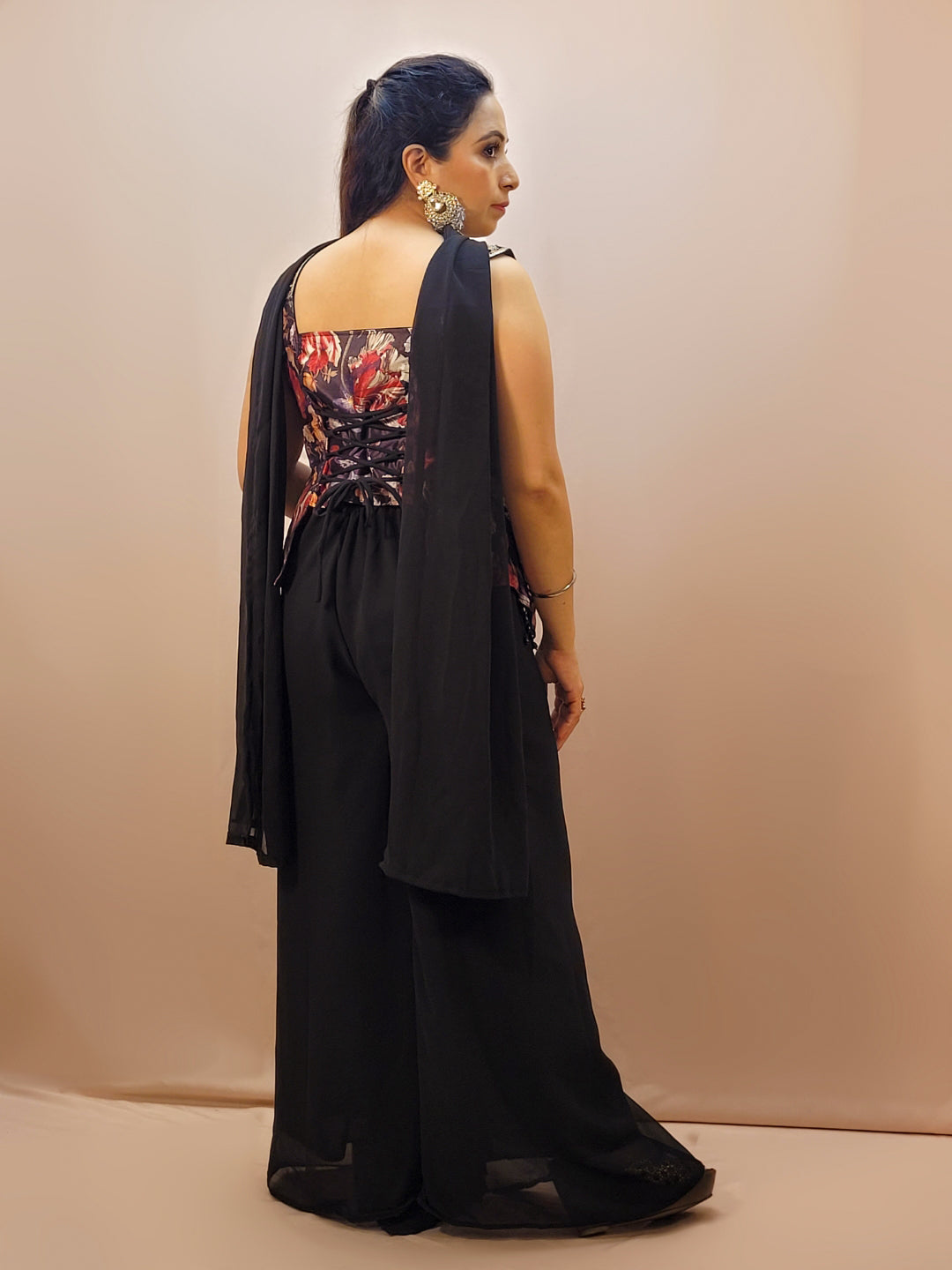 Black Palazzo Set with designer floral embroidery