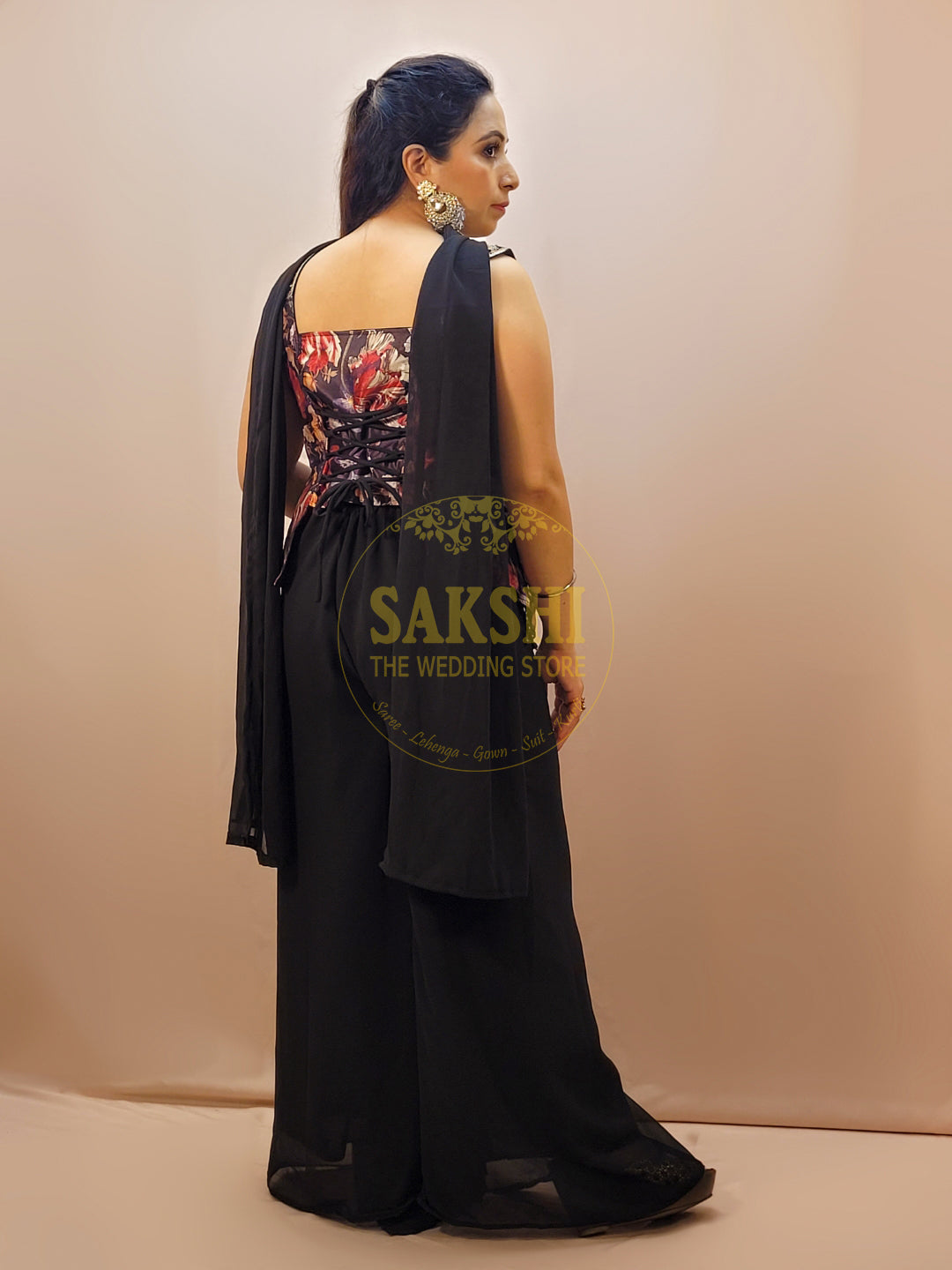 Black Palazzo Set with designer floral embroidery