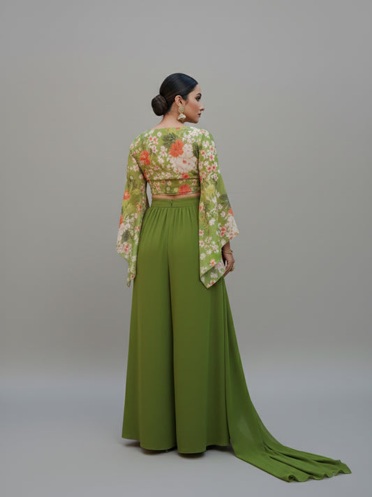 Mehendi Green Palazzo Set with Floral Print Crop Top