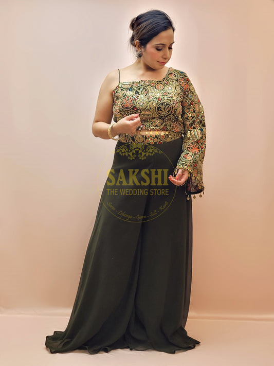 Green Indo Western one shoulder crop top and palazzo set