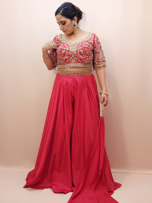 Red Embroidered Party Wear Crop Top and Palazzo Set
