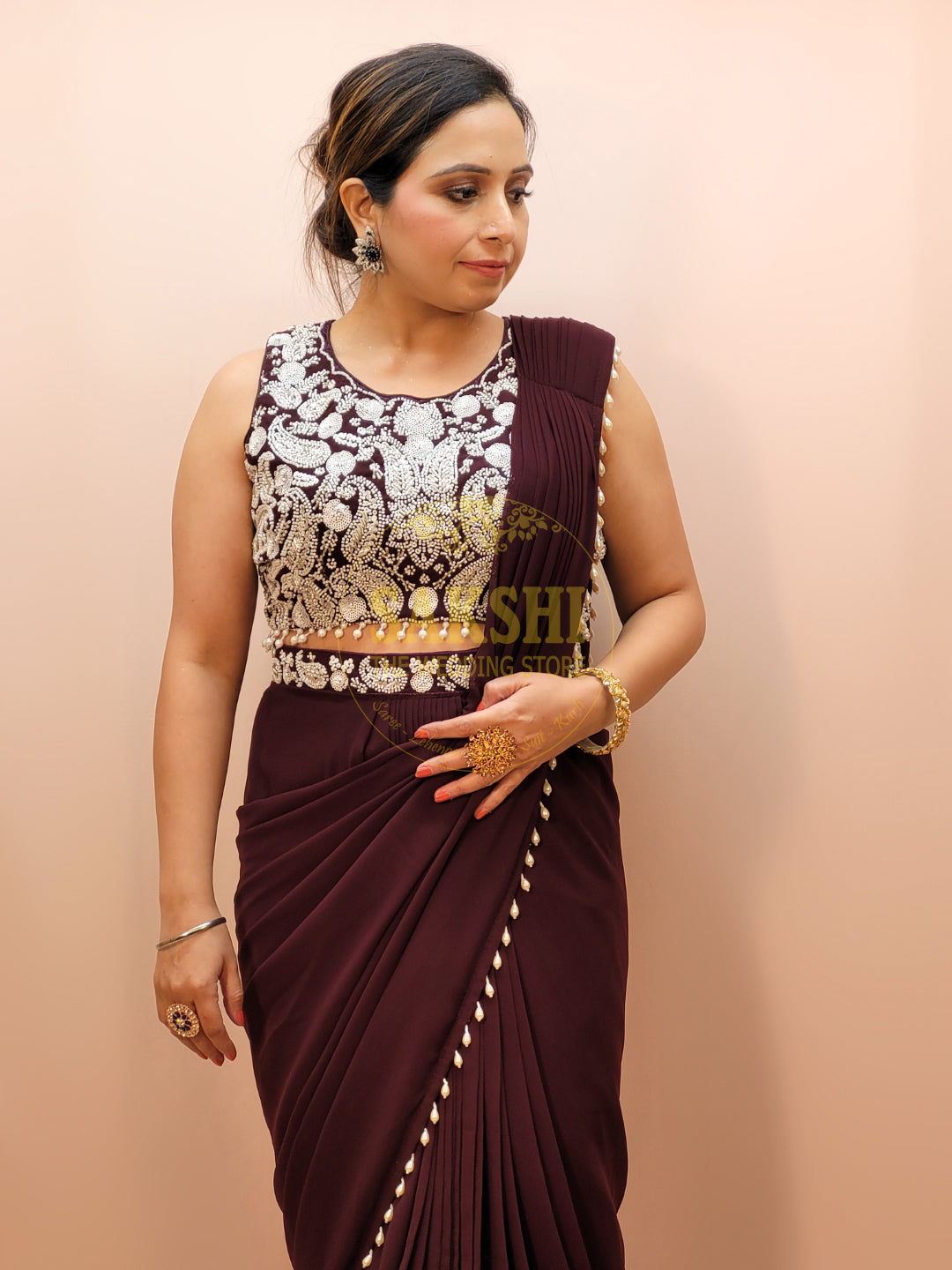 Designer Purple Drape Saree with Heavy Embroidered Blouse.